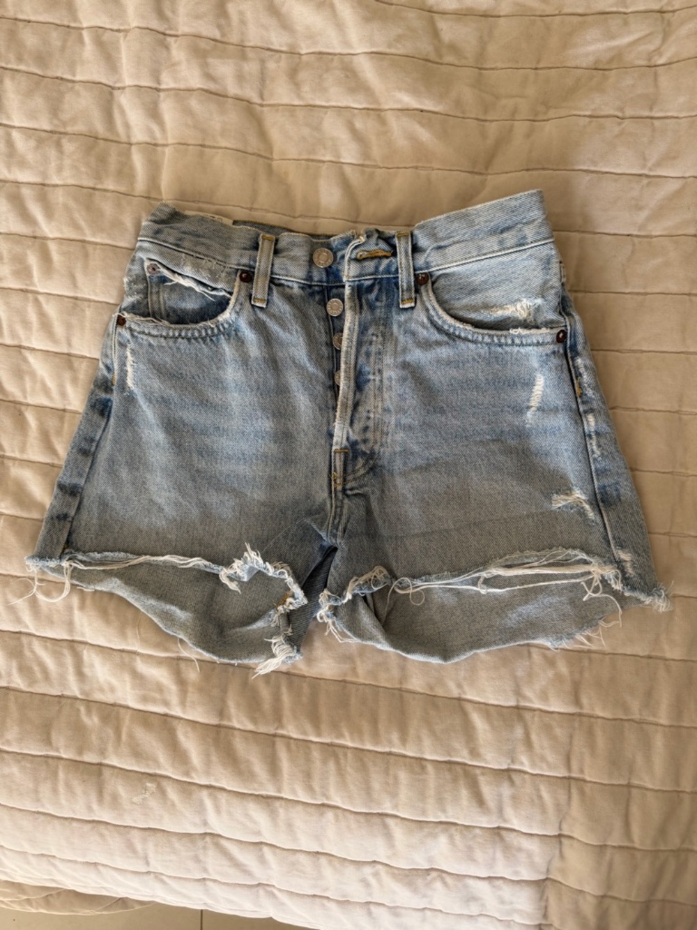 Agolde Parker Long- Light Blue Distressed Denim Shorts